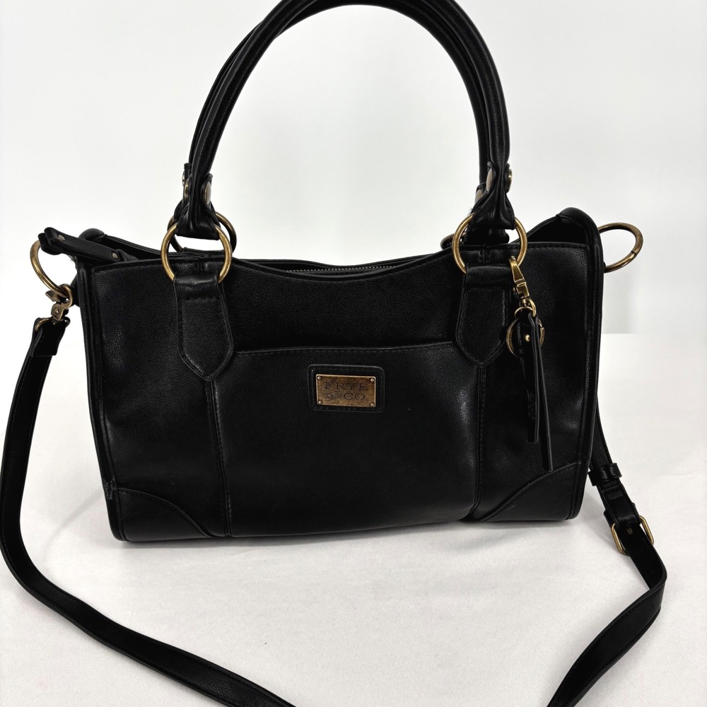 Frye and Co Black Faux Leather Satchel Crossbody Bag Antique Brass Hardware